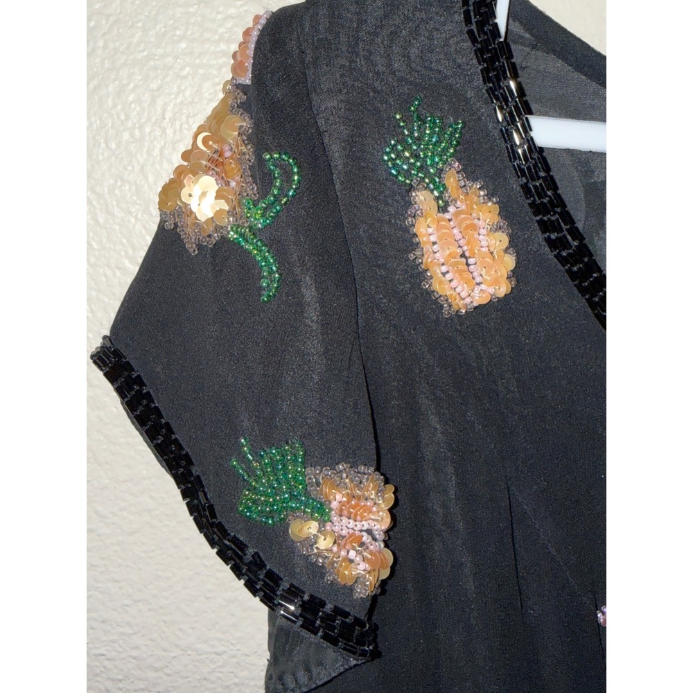 Vintage Cache Black 100% Silk Beaded Pineapple Floral Mini Dress Womens 6 - Picture 8 of 11